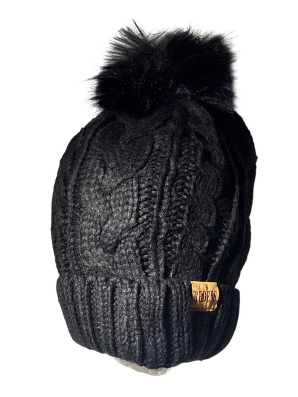 Redess Womens Black Knit Winter Beanie With Faux Fur Pom Warm Lined